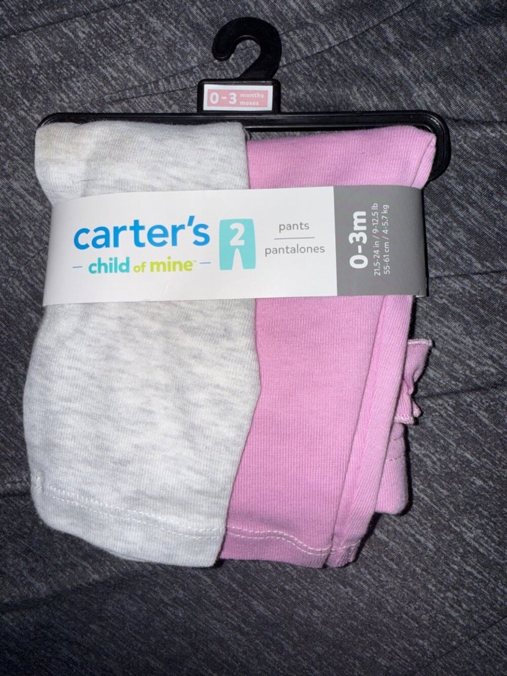 Carters Child Of Mine 2-Pack Infant Pants 0-3 Months Pink & Gray OEKO-TEX Certif